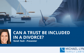 A screenshot of a webinar "Can a trust be included in a divorce?"