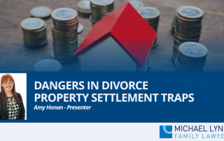 A screenshot of a cover page for a Family Law webinar "Dangers in divorce property settlements traps"